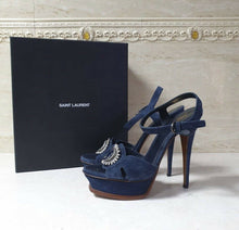 Load image into Gallery viewer, NWOB Yves Saint Laurent Brooch Blue Suede Sandals Heels Sz 39 - LuxyBrand
