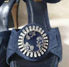 Load image into Gallery viewer, NWOB Yves Saint Laurent Brooch Blue Suede Sandals Heels Sz 39 - LuxyBrand
