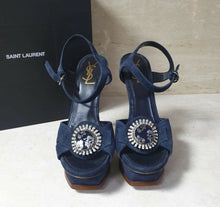 Load image into Gallery viewer, NWOB Yves Saint Laurent Brooch Blue Suede Sandals Heels Sz 39 - LuxyBrand
