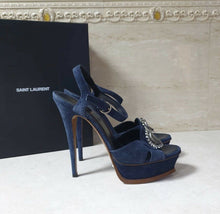 Load image into Gallery viewer, NWOB Yves Saint Laurent Brooch Blue Suede Sandals Heels Sz 39 - LuxyBrand
