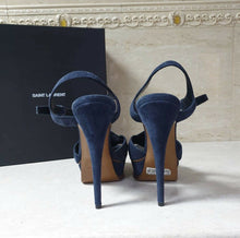 Load image into Gallery viewer, NWOB Yves Saint Laurent Brooch Blue Suede Sandals Heels Sz 39 - LuxyBrand
