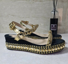 Load image into Gallery viewer, Christian Louboutin Black Gold Studded Leather Cataclou Espadrille Wedges Sz.38 - LuxyBrand
