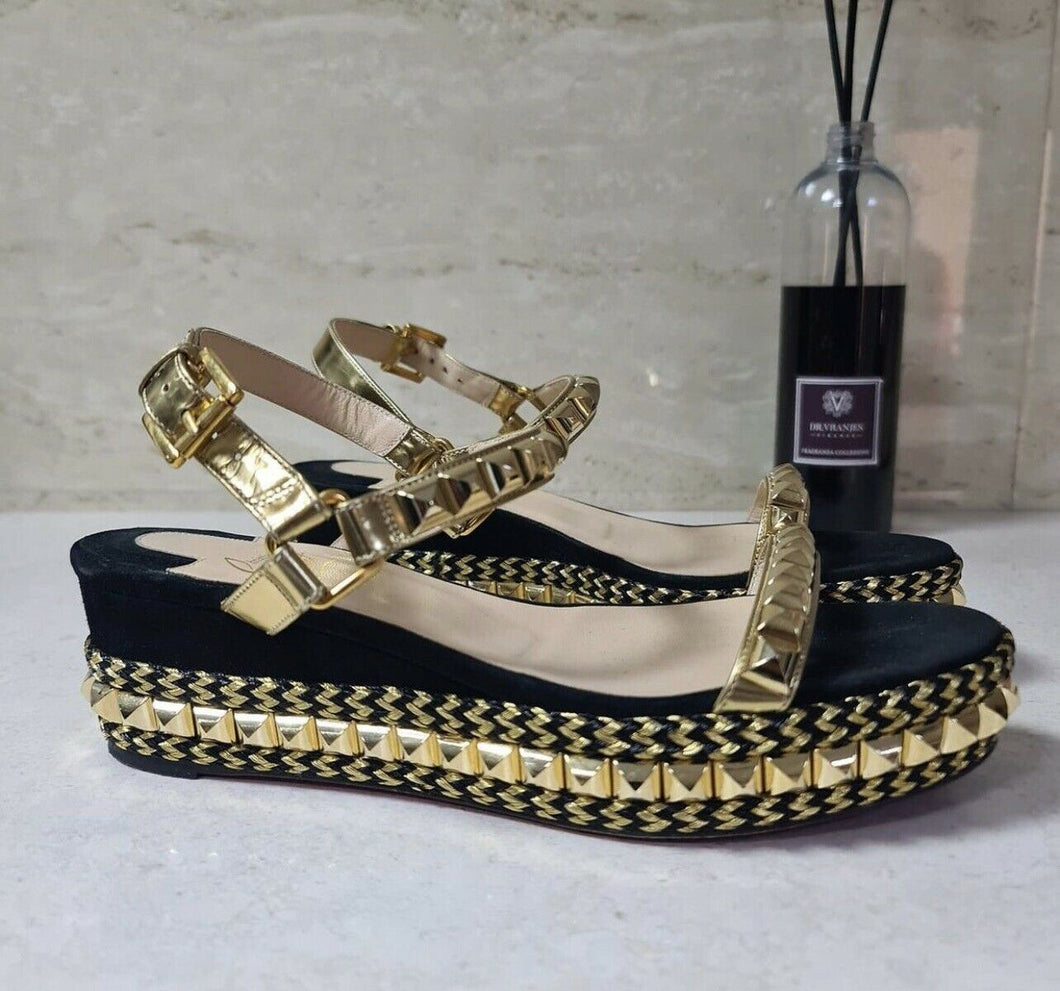 Christian Louboutin Black Gold Studded Leather Cataclou Espadrille Wedges Sz.38 - LuxyBrand