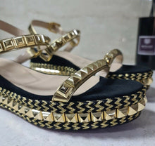 Load image into Gallery viewer, Christian Louboutin Black Gold Studded Leather Cataclou Espadrille Wedges Sz.38 - LuxyBrand
