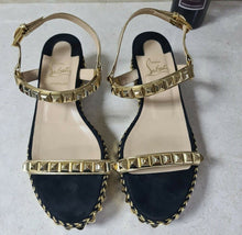 Load image into Gallery viewer, Christian Louboutin Black Gold Studded Leather Cataclou Espadrille Wedges Sz.38 - LuxyBrand
