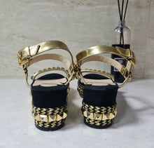 Load image into Gallery viewer, Christian Louboutin Black Gold Studded Leather Cataclou Espadrille Wedges Sz.38 - LuxyBrand
