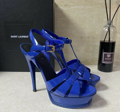 Yves Saint Laurent Tribute Blue Patent Sandals Heels Sz 38 - LuxyBrand