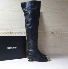 Load image into Gallery viewer, Chanel Black Leather Paris Dallas Metal Cap Toe Thigh High Boots/Booties
