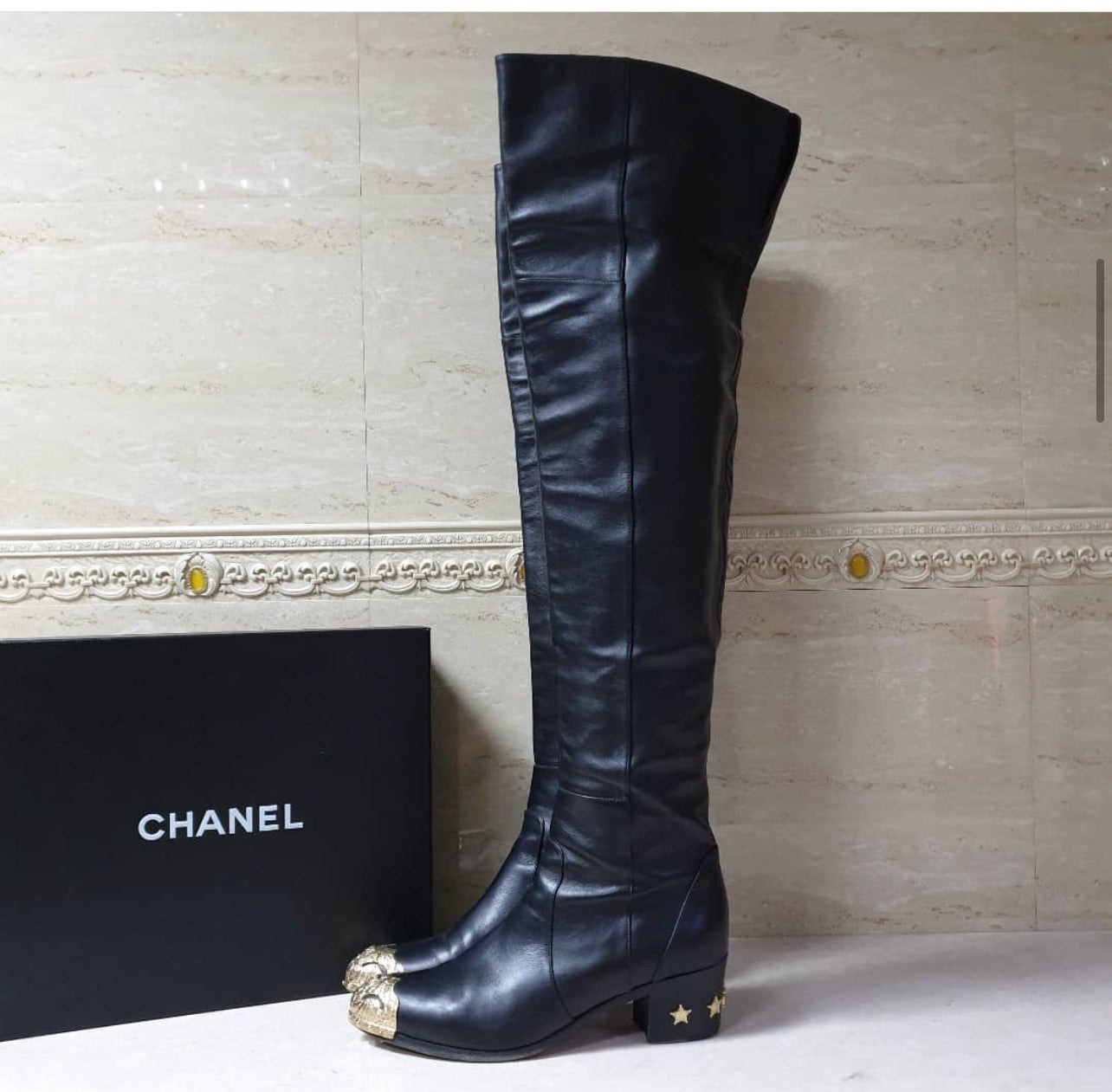 Chanel Black Leather Paris Dallas Metal Cap Toe Thigh High Boots/Booties