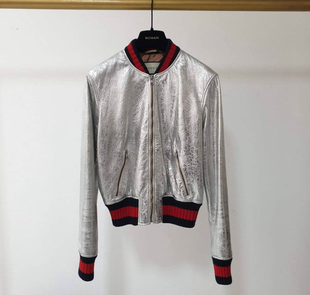 Gucci Silver Metallic Bomber Leather Jacket