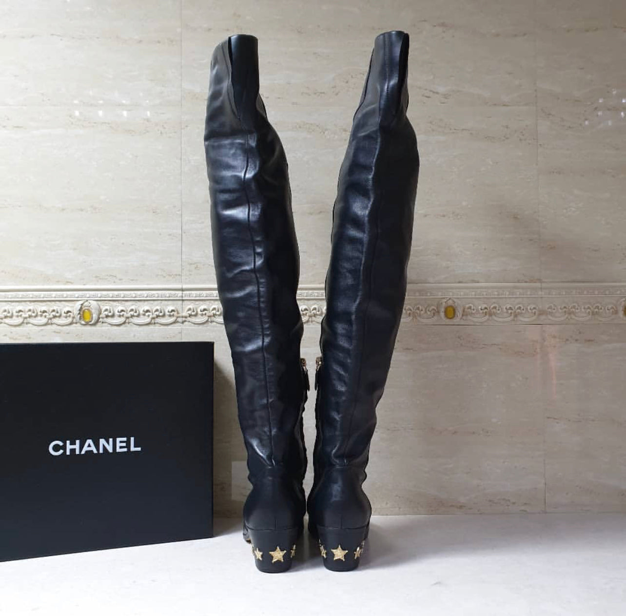 Chanel Black Leather Paris Dallas Metal Cap Toe Thigh High Boots
