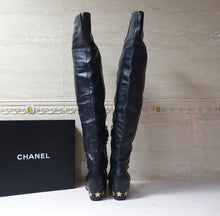 Load image into Gallery viewer, Chanel Black Leather Paris Dallas Metal Cap Toe Thigh High Boots/Booties
