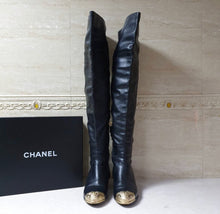 Load image into Gallery viewer, Chanel Black Leather Paris Dallas Metal Cap Toe Thigh High Boots/Booties
