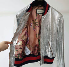 Load image into Gallery viewer, Gucci Silver Metallic Bomber Leather Jacket
