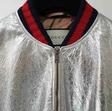 Load image into Gallery viewer, Gucci Silver Metallic Bomber Leather Jacket
